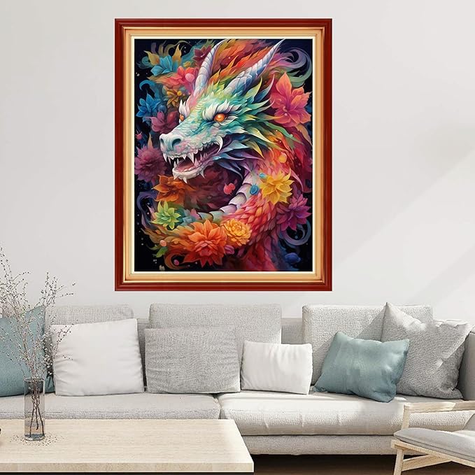 Joyhoor Cross Stitch Kits for Beginners Stamped Cross-Stitch Supplies Needlework preprint Embroidery Kits for Adults DIY Needlepoint Kits Embroidery Patterns 11CT-Colored Dragon Flower 16x20 inchs