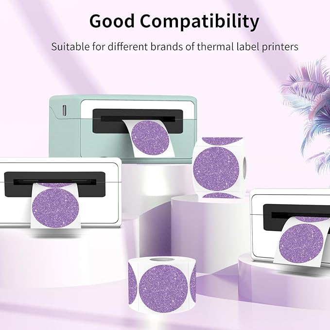 2" Holographic Thermal Label Stickers, Round Direct Thermal Label Stickers, Glitter Thermal Printer Sticker Labels for Gift Wrapping, Perforation Line Design- Glitter Purple