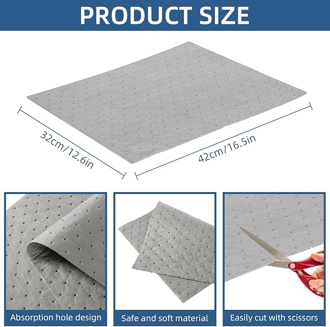 100 PCS Oil Absorbent Pads, 16.5" x 12.6" x 2mm Universal Spill Absorbent Pads Heavy Weight Absorbent Mat Pads for Absorbing Water, Oil, Grease, Coolant, and Other Fluids (Gray)
