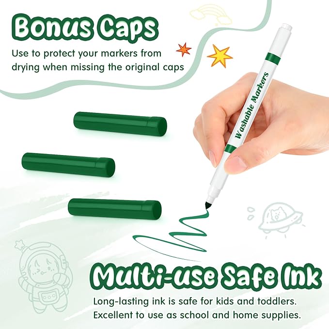 18 Pcs Line Washable Markers Bulk Green Fine Tip Markers Set Coloring Thin Tip Drawing Washable Pen for Kids Art School Classroom Back to School Gender Reveal Party Supplies, Ages 6+
