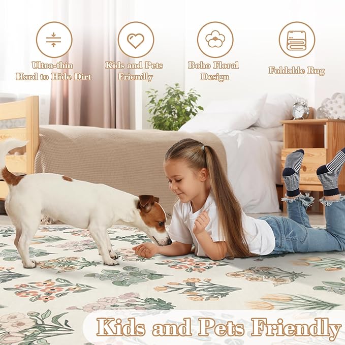 Wonnitar Floral Machine Washable 3x5 Rug, Small Area Rug for Kids Bedroom Nursery, Ultra-Thin Non Slip Soft Moroccan Throw Carpet for Dorm Living Room Large Entryway, Cream Beige