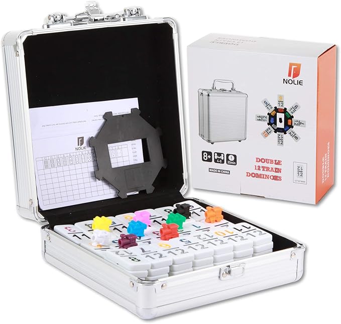 NOLIE Mexican Train Game, Double 12 Domino Set, Colored Number Dominoes with Aluminum Case