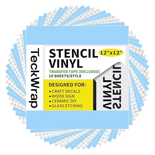TECKWRAP Blue Stencil Vinyl Adhesive Masking Film with Anti-Bleed Technology & Black Grid Transfer Tape, 12”X12” 10 Sheets/Style, Permanent Adhesive Vinyl, DIY Decals, Signs, Windows, Stickers