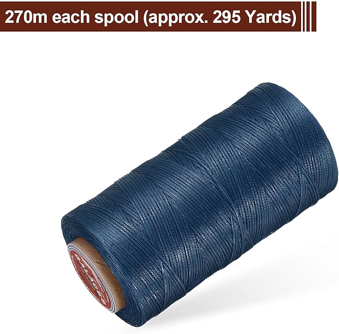 uxcell Flat Leather Sewing Waxed Thread, 270m / 295 Yards Polyester Wax String, 150D Wax Stitching Cord for Leather Crafts, Bookbinding, Bracelets Braided, Blue