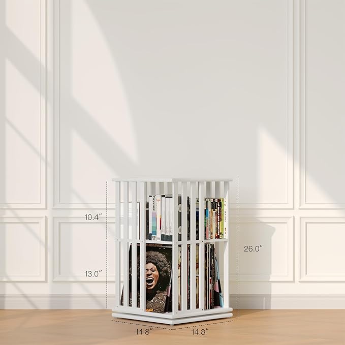 XIMN 360° Rotating Bamboo CD/DVD Shelf - 6-Tier Space-Saving Media Storage Cabinet for Movies, Organizer with Super Compact Design (White, 2 Tier)