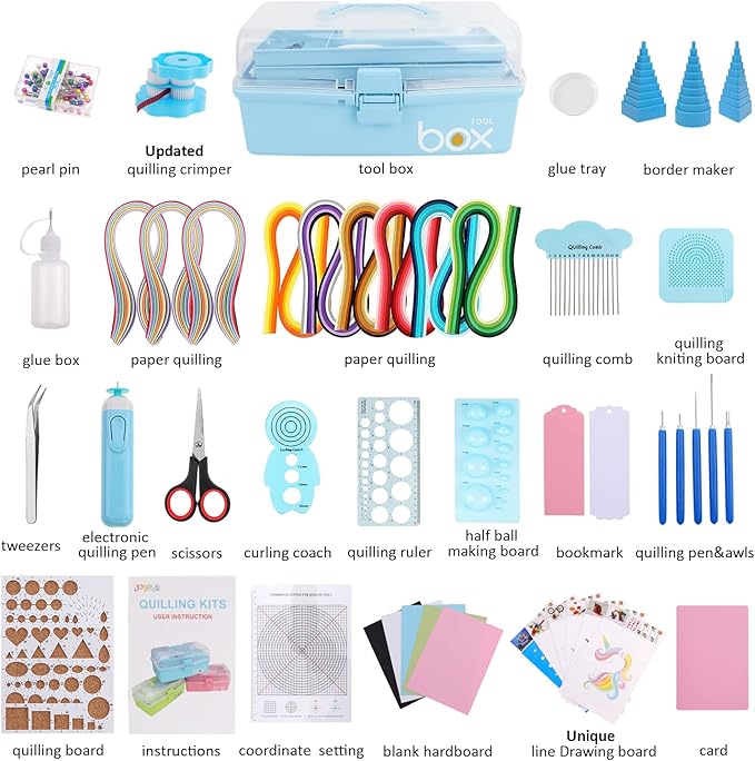 JoyPlus Quilling Kits for Beginners with Manual, 24 Tools & Supplies with Durable Storage Box, Updated Paper Crimper Tool, Premium Husking Board & Electronic Pen Blue
