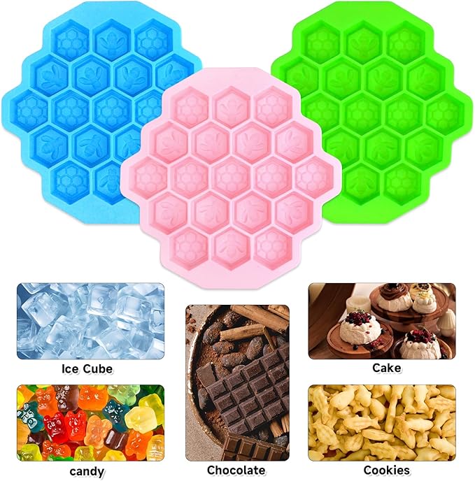 3Pcs Honeycomb Bees Silicone Molds, XJMWXHFC 19 Cavities Chocolate Molds, Food Grade Silicone Baking Molds, Non-Stick Cake Mold for Chocolate, Candy, Jelly, Ice Cube, Mini Cakes (Pink, Green, Blue)