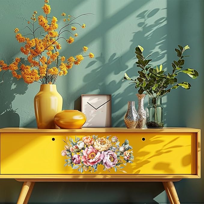 GLOBLELAND 4 Sheets Spring Peony Flowers Furniture Transfer 11.8x5.9inch Vintage Flowers Rub on Transfer UV Self-Adhesive Stickers Wall Art Craft for Bedroom Living Room Desk Table