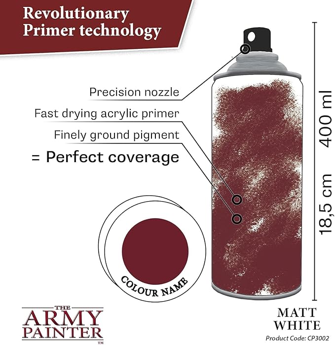 The Army Painter Color Primer, Matt White, 400ml, 13.5oz - Acrylic Spray Undercoat for Miniature Painting