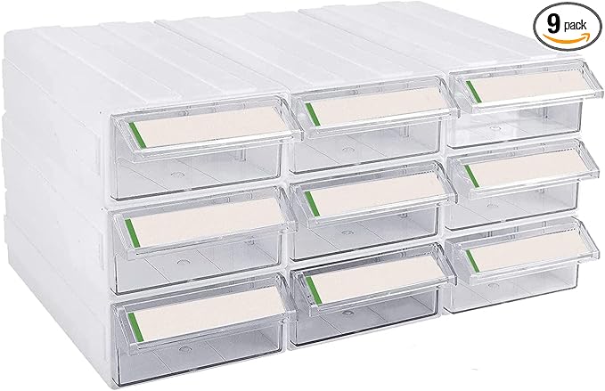 9pcs Sewing Craft Storage Box Hardware Craft Drawer Storage Cabinet Plastic Stacking Shelf With Divider Tag Cards Multifunctional Rack For Home Office Small Items (9, Clear)