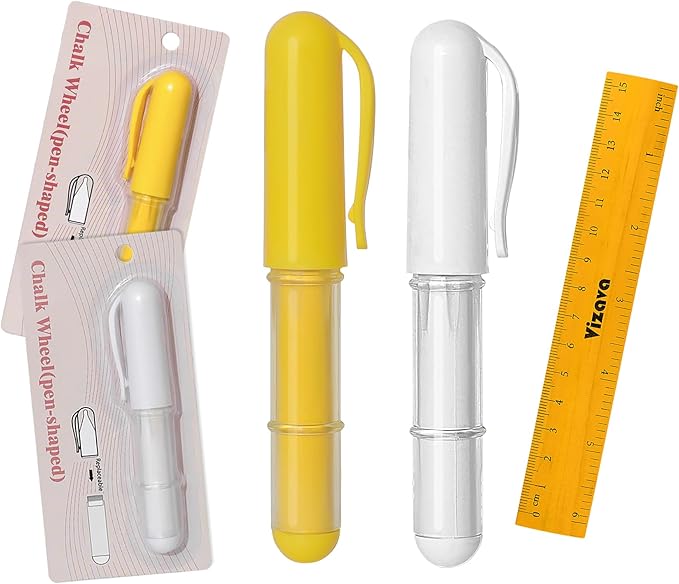 Fabric Chalk Markers for Sewing,Quilting,Crafting|Erasable Tailor Chalk|Work on Various Fabrics|Dosing Wheel Drawing Precise Line(2pk Yellow,White professional tailors chalks pencil&1Ruler)