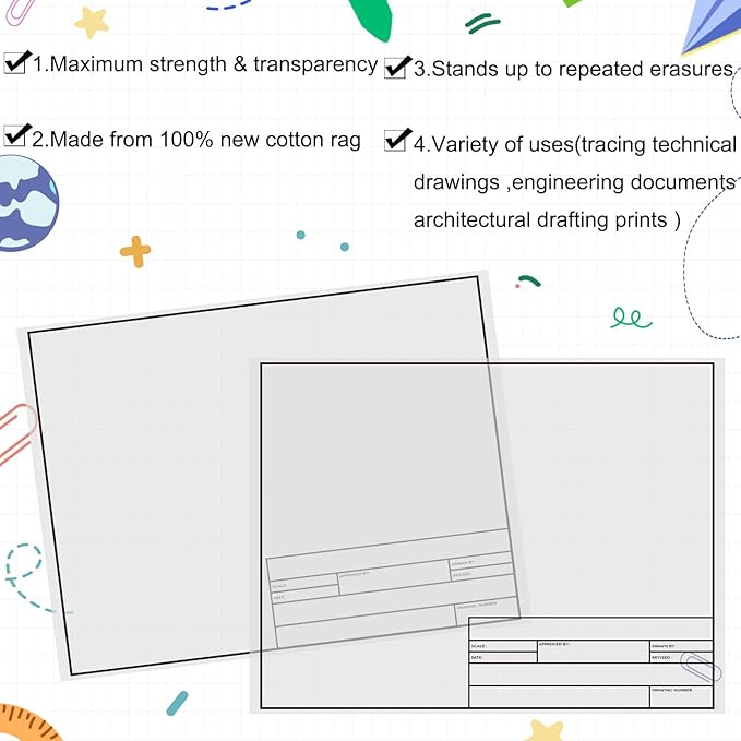 Geyee 10 Sheets Architectural Vellum Paper Translucent White Vellum Sheets Drafting Paper Rag with Border and Title Block(18 x 24 Inches)