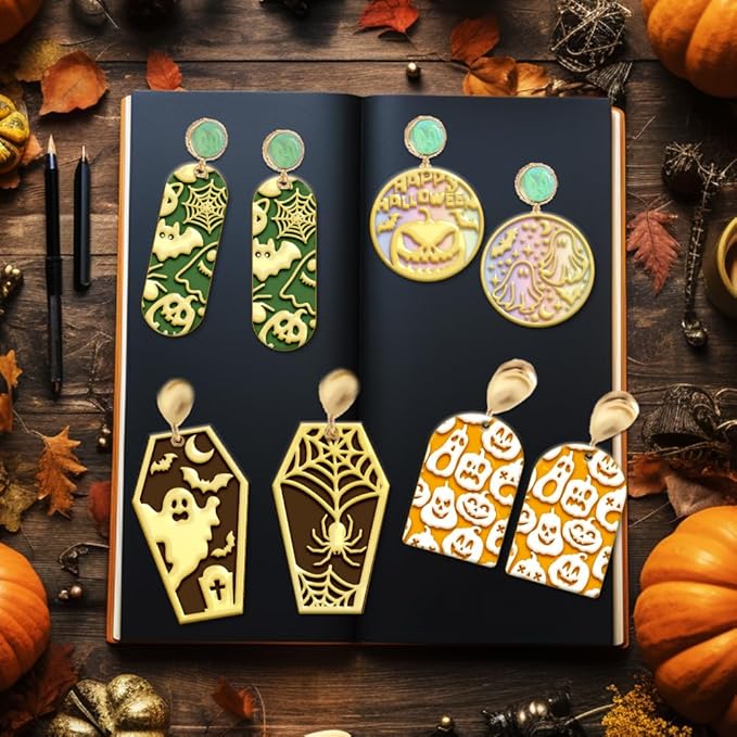 4PCS Halloween Polymer Clay Texture Sheets Set for Using with Clay Cutters, Pumpkins Clay Texture Mats, Jewelry Making DIY Halloween Craft Tools