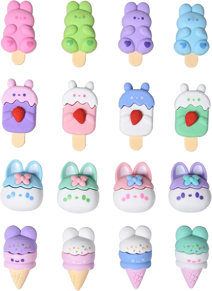 HILAZA 16 Pcs Ice Cream Erasers for Kids, Cute Animal Erasers for Girls, Cool Fun Puzzle Food Erasers for Ice Cream Themed Party Favors