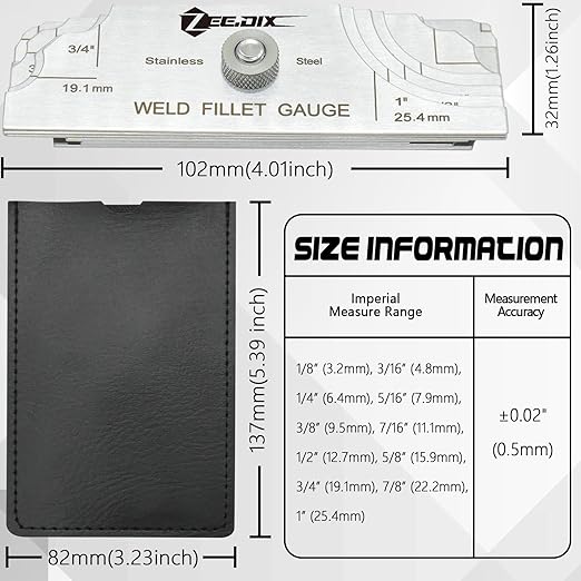 ZeeDix Metal Fillet Weld Gauge Set, Stainless Steel Welding Inspection Gauge Tool(1/8" - 1") Ulnar Metric & Inch