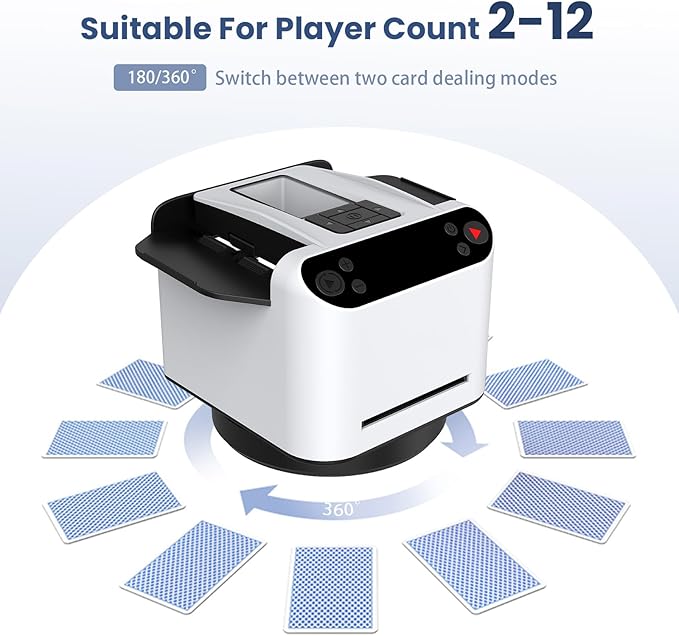Automatic Card Shuffler and Dealer 2-in-1, 360°/180°Rotating Dealer with Wireless Remote Control, Supports 1-12 Players Poker Shuffler, Suitable for UNO, Poker, Phase 10, Skip-Bo, Blackjack