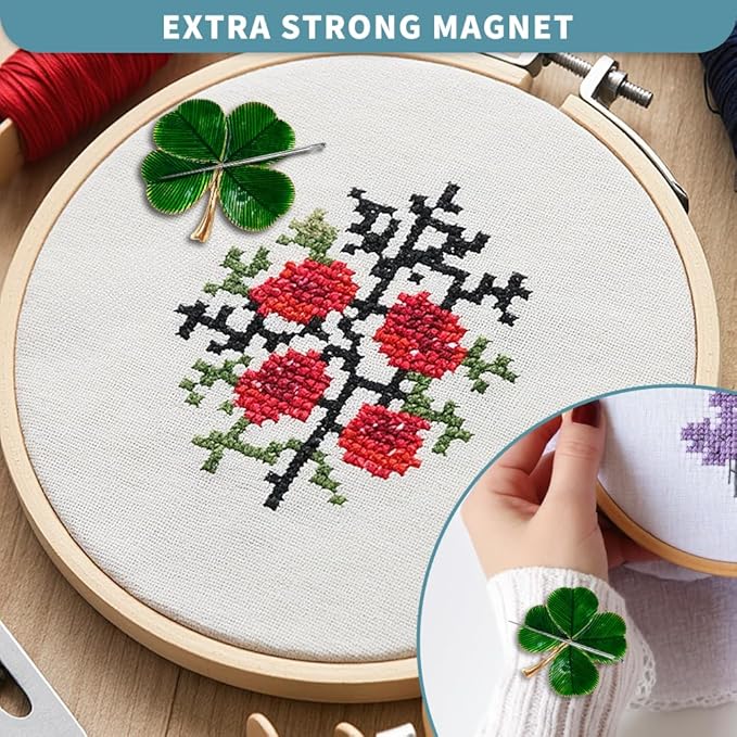 Magnetic Needle Minder Magnet Embroidery Accessories and Supplies Embroidery Needle Holder Cross Stitch Holder Needlework Supplies (Cardinal) (FourLeaf)