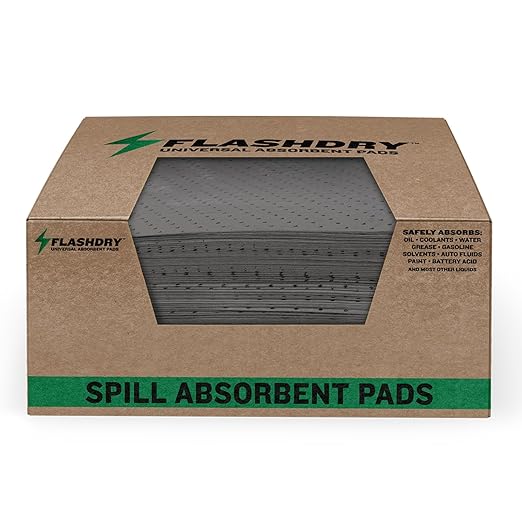 FlashDry - Universal Spill Absorbent Pads (100 Pads per Container) | 17.5” x 13.5” x 2mm Oil and All Purpose Premium Liquid Pads Packed in a Convenient Sturdy Dispensing Box (1)