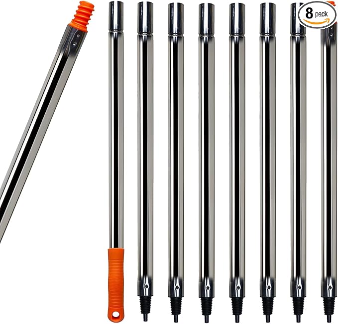 8 PCS Total 10 Ft Extension Pole, Paint Roller Stainless-Steel Threaded Splicing Extension Poles for Hand Drywall Sander Wall Cleaning and Polishing Paint Roller Brushes