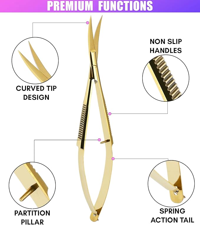 Cross Edge Curved Spring Scissors 5 Inch Stainless Steel Precision Eyebrow & Eyelash Shaping & Trimming Scissor, Snips Squeeze, Embroidery, Knitting Micro Tip Craft Scissors (Gold)