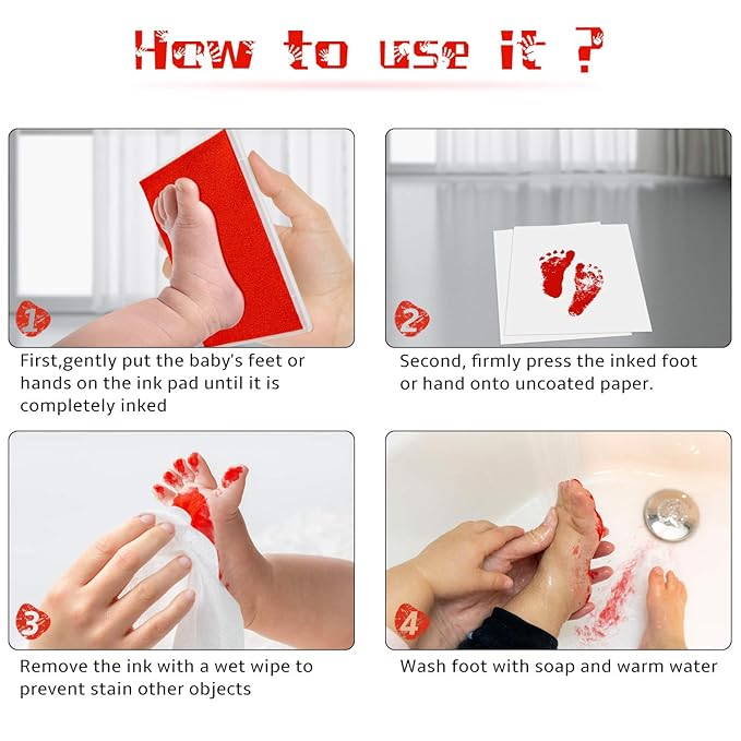 Ink Pad, 5x4'' Washable Non-Toxic Ink Stamp Pad for Baby Footprint Handprint, Red