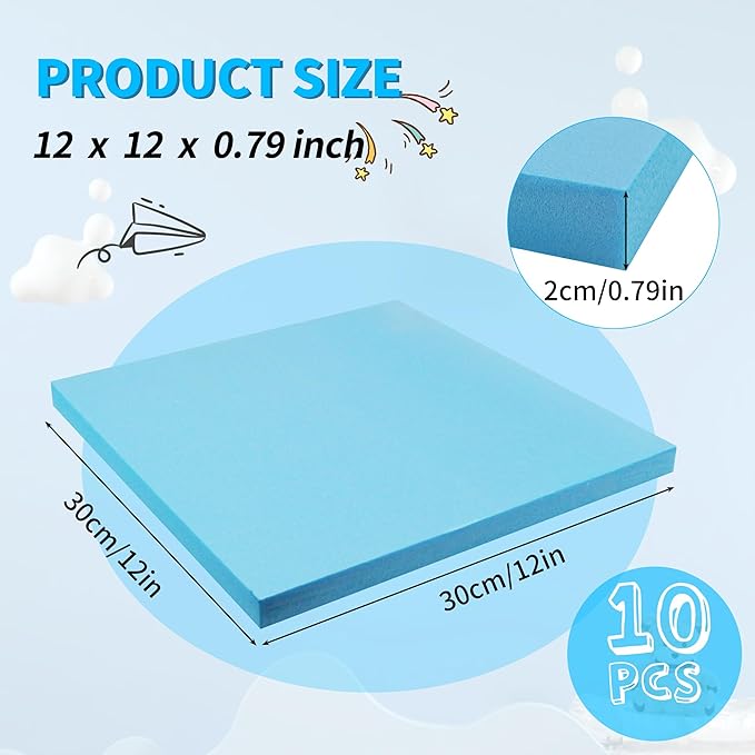 LuckyFoam Blue 10 Pack 12x12x0.79 inch Foam Sheets 0.79 Inch Thick Polystyrene Rectangles XPS Foam Board Craft for Insulating DIY Modeling Art Supplies