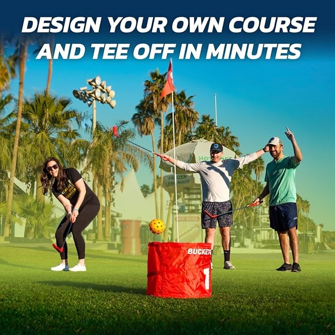bucketgolf Game 6 Hole Bundle with Clubs - The Best Backyard Golf Game for All Ages and Levels Adults, Kids, Families, Schools, Yards, Parks, Beaches, Vacation. (4 Clubs (3 RH + 1 LH))