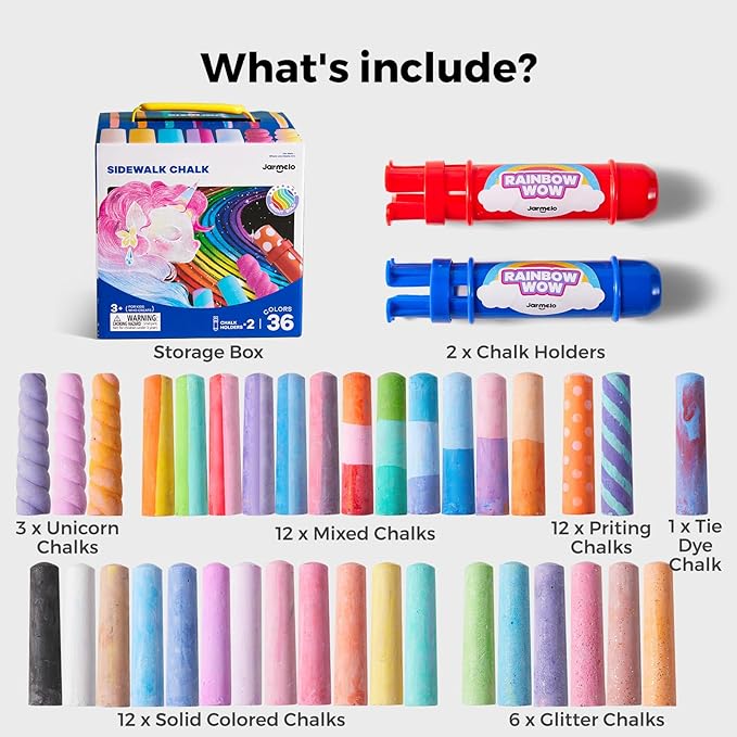 Jar Melo 38 PCS Sidewalk Chalk for Kids- Colored Sidewalk Chalk with Holder,Jumbo Washable & Non-Toxic Chalks-Outdoor Play and Chalkboard Art for Kids and Toddlers Gifts