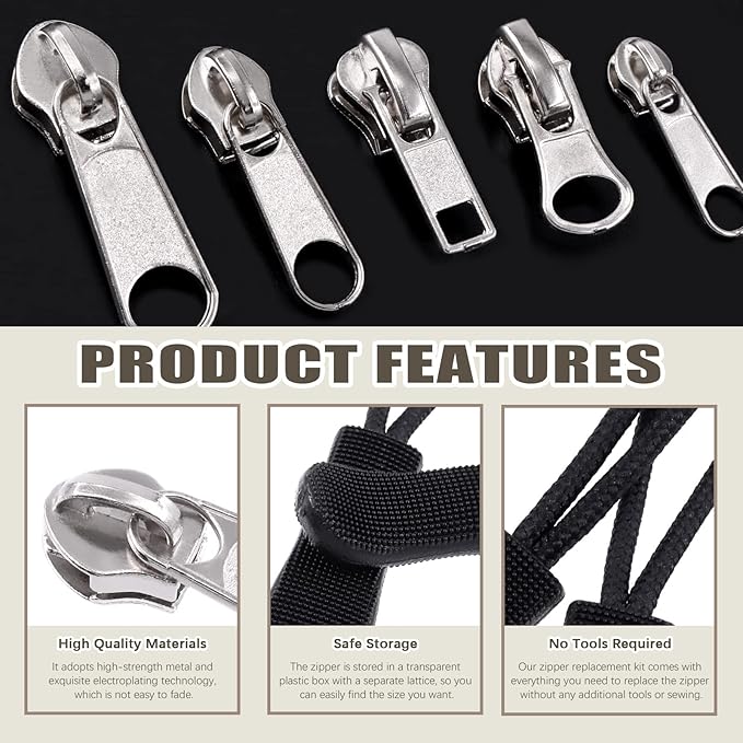 250Pcs Zipper Replacement Zipper Repair Fix Kit Zipper Slider Set for Fixing Luggage Bags, Coats, Jean, Jackets, Tents