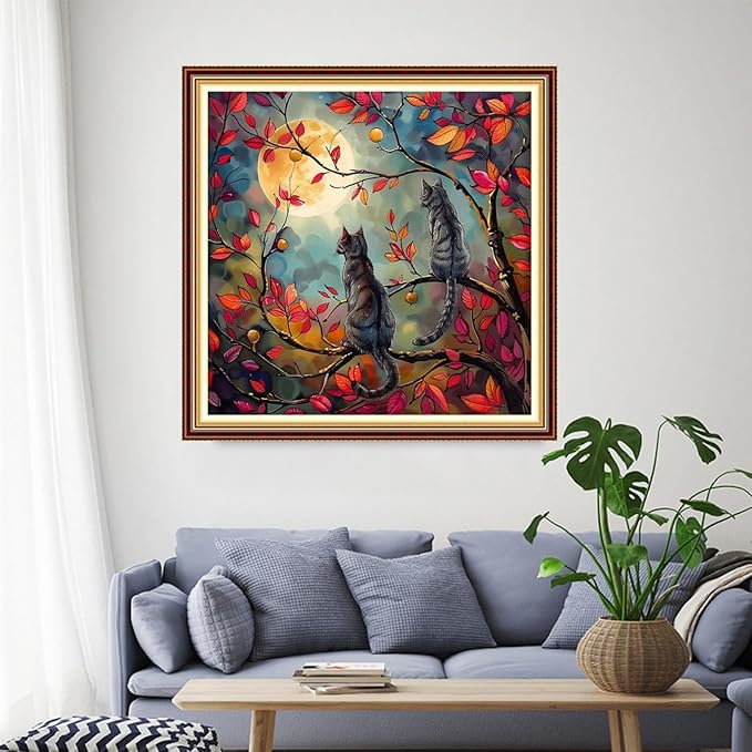 Funchey Stamped Cross Stitch Kits, DIY Cross Stitch Pattern for Adults Beginners Needlepoint Kits Embroidery Kit Arts and Crafts 11CT-Cats Admiring The Moon 18x18 inch