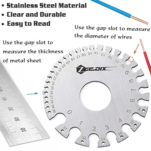 ZeeDix Standard Dual-Sided Round Wire Cable Sheet Gage- Stainless Steel Metal Wire Gage Measurement Tool Wire Measuring Ruler Diameter Tool