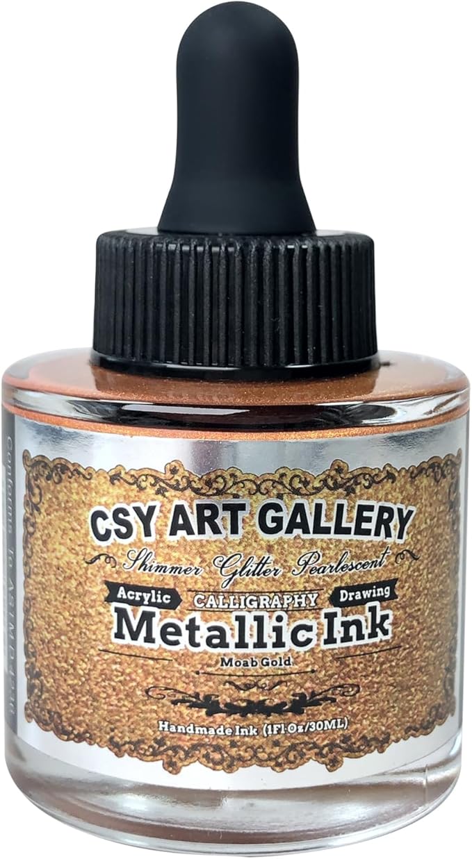 CSY Art Gallery Fast Drying Acrylic Metallic Finish Ink-Liquid Gold Leaf Paint-Calligraphy Inks for Metal, Wood, Plastic, Canvas (Moab Gold)
