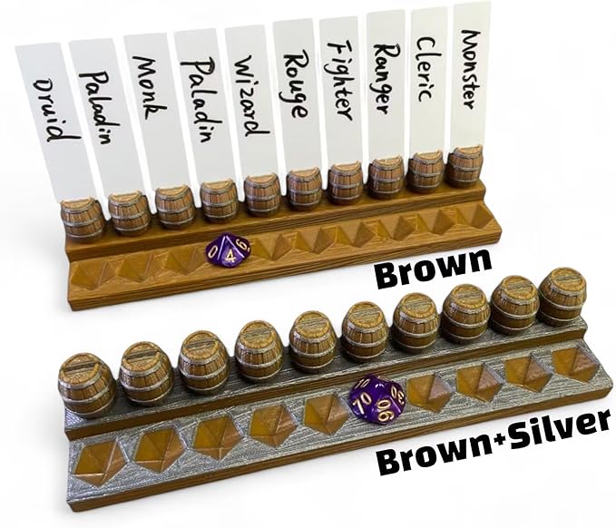 Initiative Tracker with 10 Barrel Slots, Erasable Name Tags, and Dice for Tracking Order. Ideal for DND and Other TTRPGs Brown with Silver