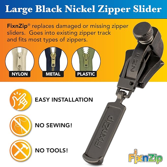 FixnZip (Large, Black Nickel) - See Size Guide - Universal Zipper Repair Kit for Wetsuits, Luggage, Zipper Replacement Repair Kit - Instant Zipper Fix