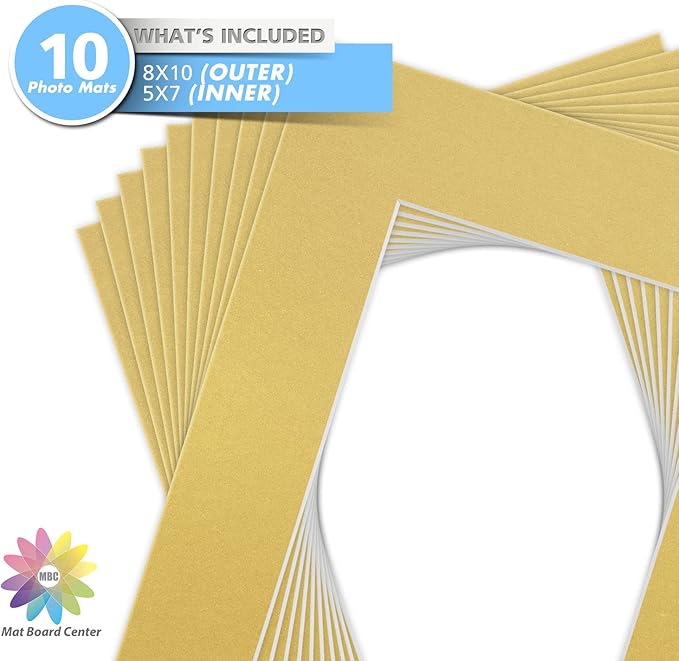Mat Board Center, Pack of 10, 8x10 for 5x7 Old Gold Color Mats - Bevel Cut, Acid Free, 4-ply Thickness, White Core - for Pictures, Photos, Framing