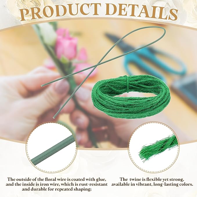 uxcell 100Pcs 2 Gauge Floral Wire, 11.81" Length Flower Stem Wires with 0.08" x 32.8ft Twine for Wreath Making, Flower Arrangement, Green