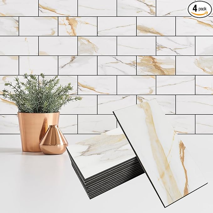 4 Pieces Peel and Stick Backsplash for Kitchen, 3" x 6" PVC Subway Tile Upgraded Calacatta Gold with Dark Gray Grout Backsplash Stick on Tile Elevate Kitchen, Bathroom, Fireplace,RV
