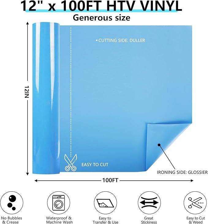 Guangyintong Sky Blue HTV Heat Transfer Vinyl Rolls, 12" X 100ft Iron on Vinyl PVC Adhesive for T-Shirt, Easy to Cut & Weed for DIY Design