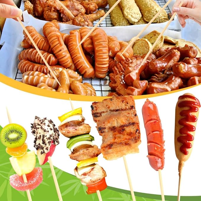 300 Pcs 6 inch Natural Bamboo Skewers, Φ=4mm, PEOUWNES Food Sticks for Appetiser, BBQ, Fruit，Cocktail, Grilling Kebabs, Bouquet, Chocolate Fountain, Corn Dog, Kitchen, Barbecue, Crafting and Party