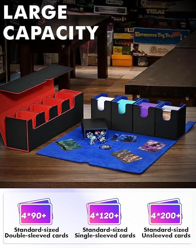 Card Deck Box with Dice Tray for MTG, 5 in 1 Card Deck Case Holds 800+ Unsleeved Cards, Strong Magnet Organizer Compatible with Yugioh TCG Sports Cards (Black Blue)
