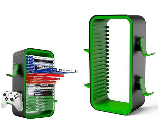 wigmoa OYO-1【15.8INCH】 game Storage Tower Compatible with PS5/ Xbox Series S & X/Switch, Universal Video Games Discs Organizers 18 PCS with 4 Controllers Holder, Game Disk Box Stand. (Black/Green)