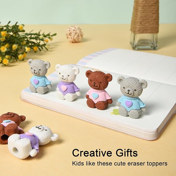 HILAZA 18Pcs Pencil Top Erasers for Kids, 3D Cute Bear Pencil Toppers, Bulk Fun Pencil Cap Easters for School Classroom Supplies Prize Gifts Party Favors
