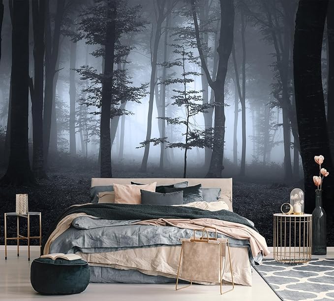 AFZEVEB-Foggy Dark Forest Wallpaper Landscape Tree Wall murals for Bedroom 136"x96"(Not Peel and Stick)