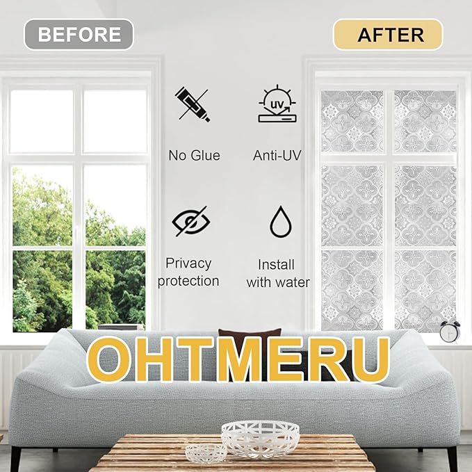 Window Privacy Film Decorative for Front Door, Bathroom Static Cling Stained Glass Sticker Opaque Heat Control UV Blocking Non-Adhesive for Home Windows 17.5 X 78.7 inches