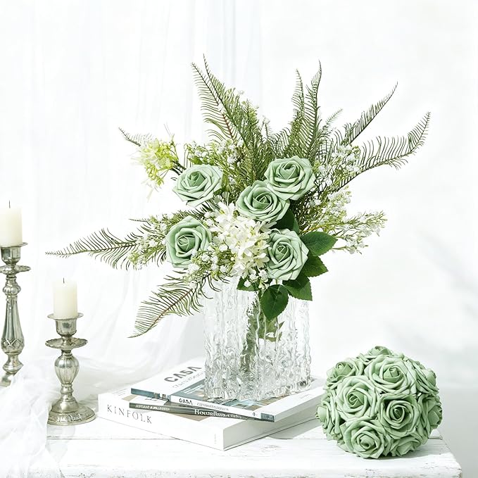 Artificial Flowers Foam Fake Roses 25pcs Green Roses with Stems for Home Decor DIY Wedding Bouquets Party Bridal Shower Centerpieces Faux Flower Arrangements Tables Decorations
