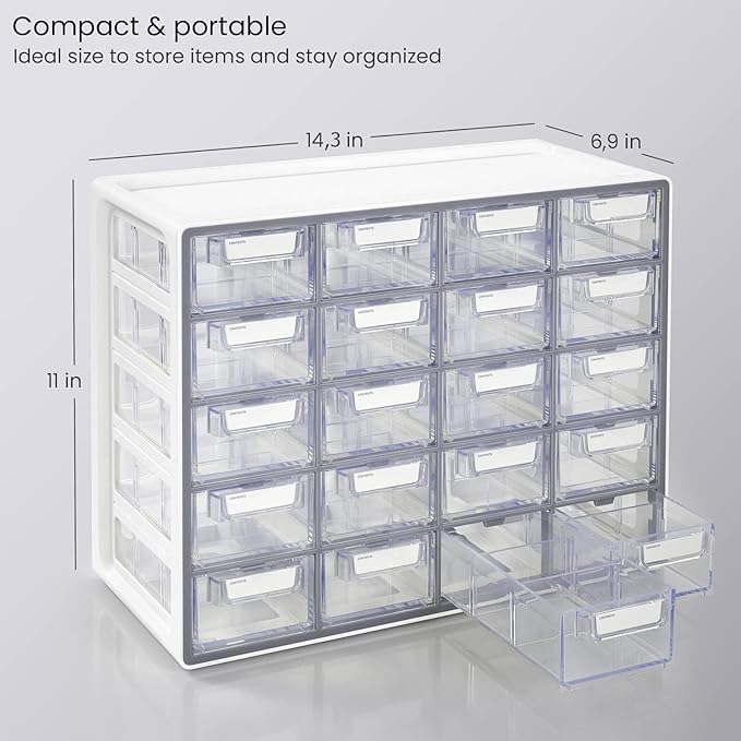 ARTEZA 20 Drawer Organizer and Storage Cabinet – Clear Plastic, Stackable Drawers for Makeup, Crafts, Sewing, Office Supplies, Small Parts & Tools