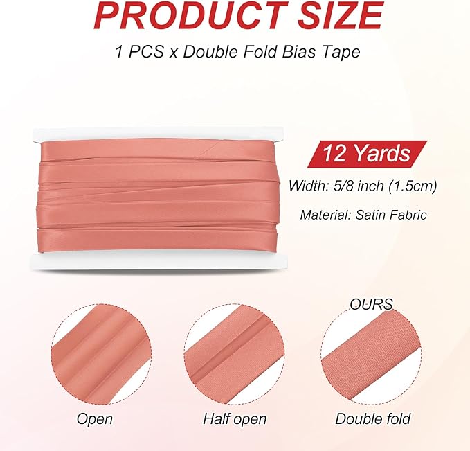 MECCANIXITY Double Fold Bias Tape for Sewing 5/8 Inch x 12 Yards Satin Pre-fold Continuous Binding Tape for Seaming Quilting Hemming Binding DIY Crafts, Light Red