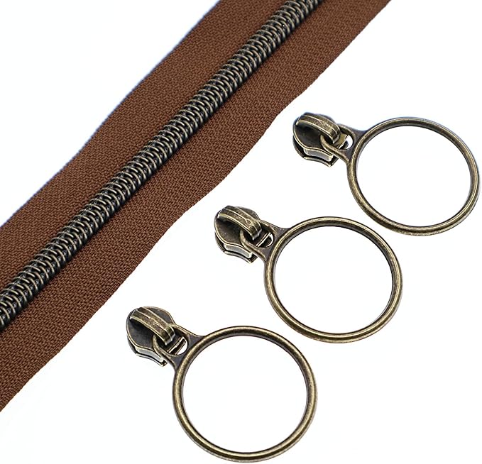 Leekayer #5 Antique Brass Metallic Nylon Coil Zippers by The Yard Bulk 10 Yards with Ring Pulls(Brown Tape with 25pcs Brass Sliders for DIY Sewing Tailor Craft Bag(Brown)