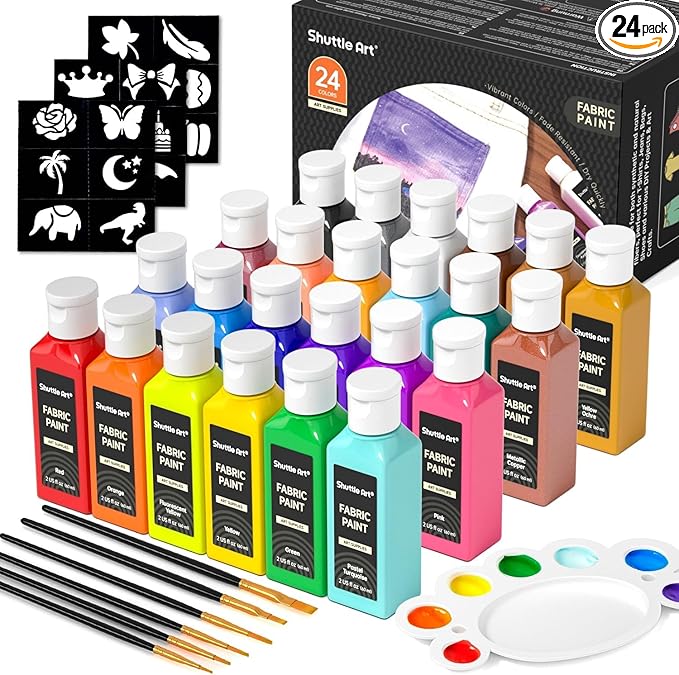 Shuttle Art Fabric Paint 24 Colors Permanent Soft Fabric Paint in Bottles (60ml/2oz) with Brushes &Stencils, Non-Toxic Textile Paint for T-Shirts, Shoes, Jeans, Bags, DIY Projects & Crafts