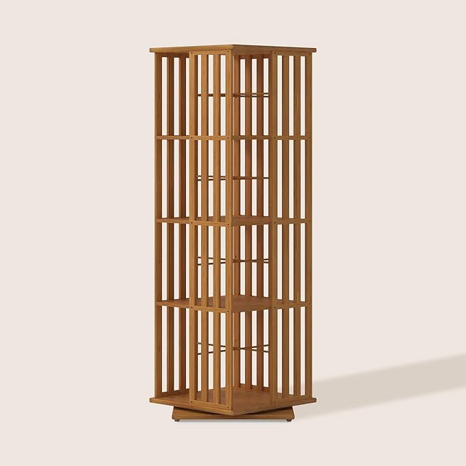 XIMN 360° Rotating Bamboo CD/DVD Shelf - 6-Tier Space-Saving Media Storage Cabinet for Movies, Organizer with Super Compact Design (Walnut, 4 Tier)